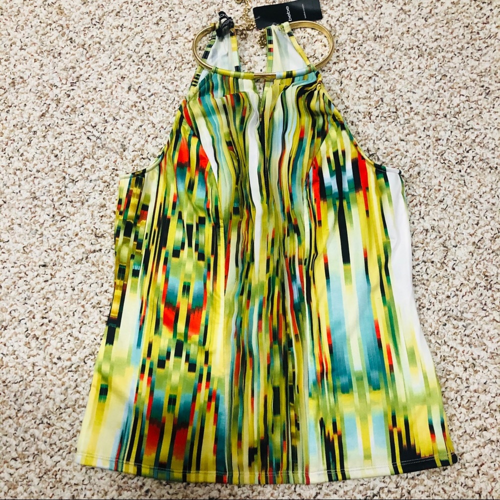 Print pleated bebe top with collar